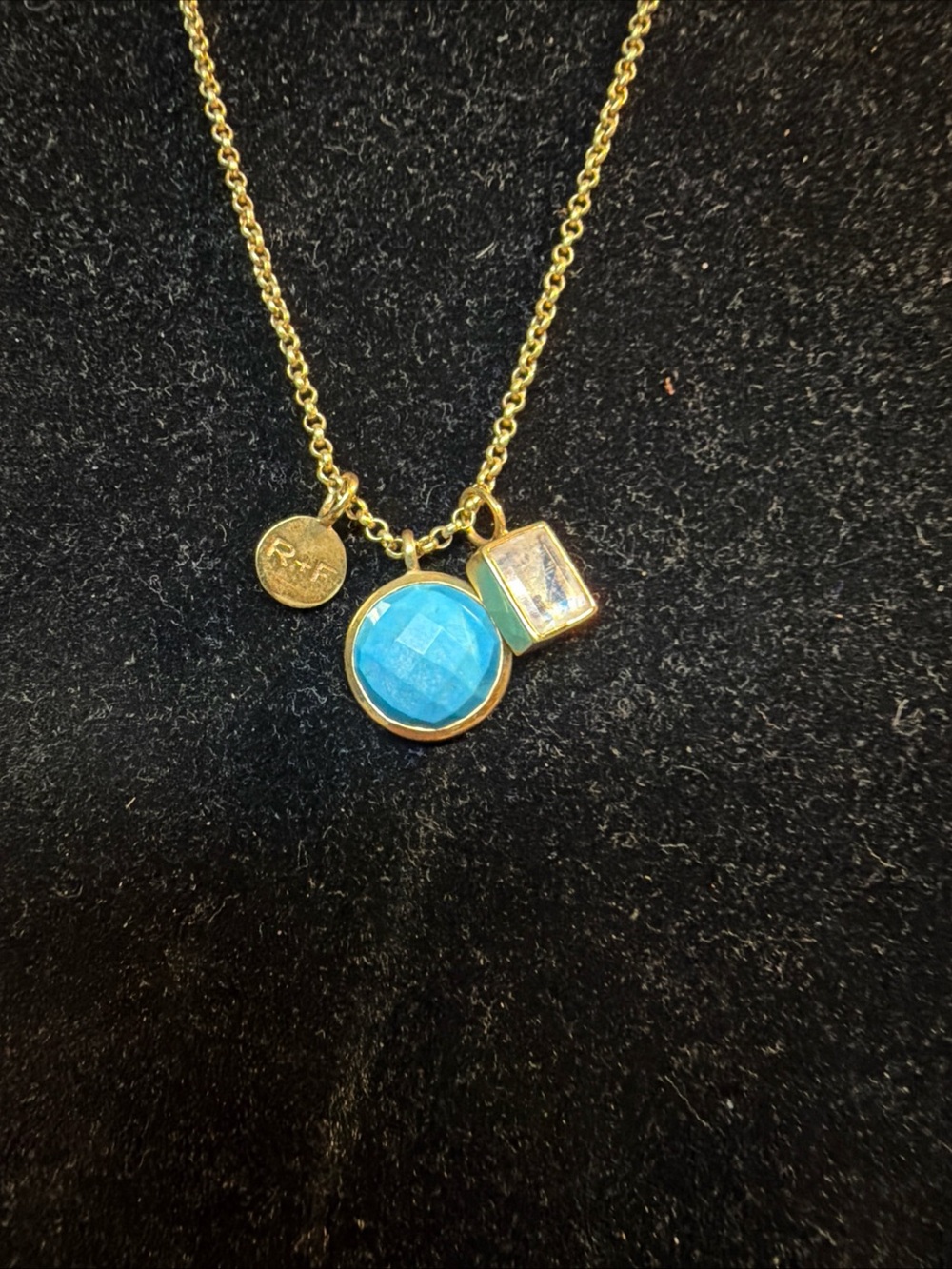 R&F Rodin & Fields Triple Charms Goldtone signed Designer Necklace